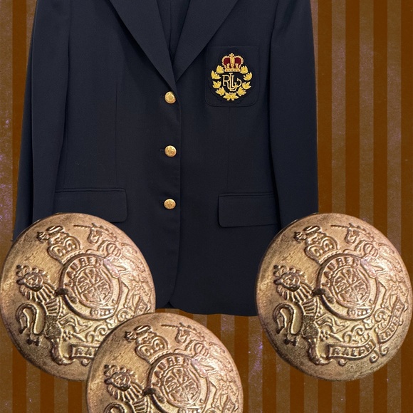 LAUREN - RALPH LAUREN Navy Blue, 3 Button, Crested Blazer, 12P, 100% PURE WOOL - Picture 2 of 16